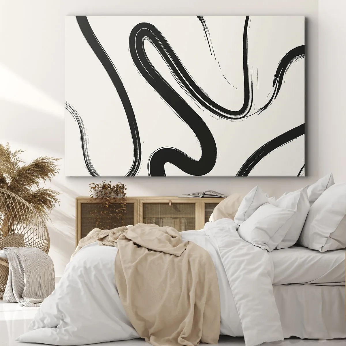 Schilderen op canvas - Zwart-witte gebogen lijnen op een lichte achtergrond - 70x50cm - Zwart-wit eigenzinnigheid - Moderne wanddecoratie voor woonkamer en slaapkamer ARTTOR