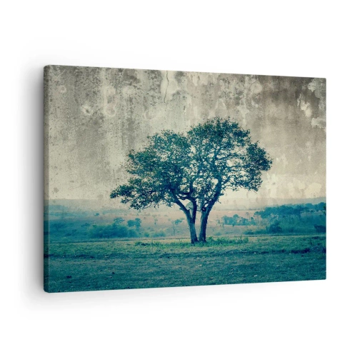 Schilderen op canvas - Een eenzame boom tegen een mistig landschap - 70x50cm - Een appelboom op een blauw veld? - Moderne wanddecoratie voor woonkamer en slaapkamer ARTTOR