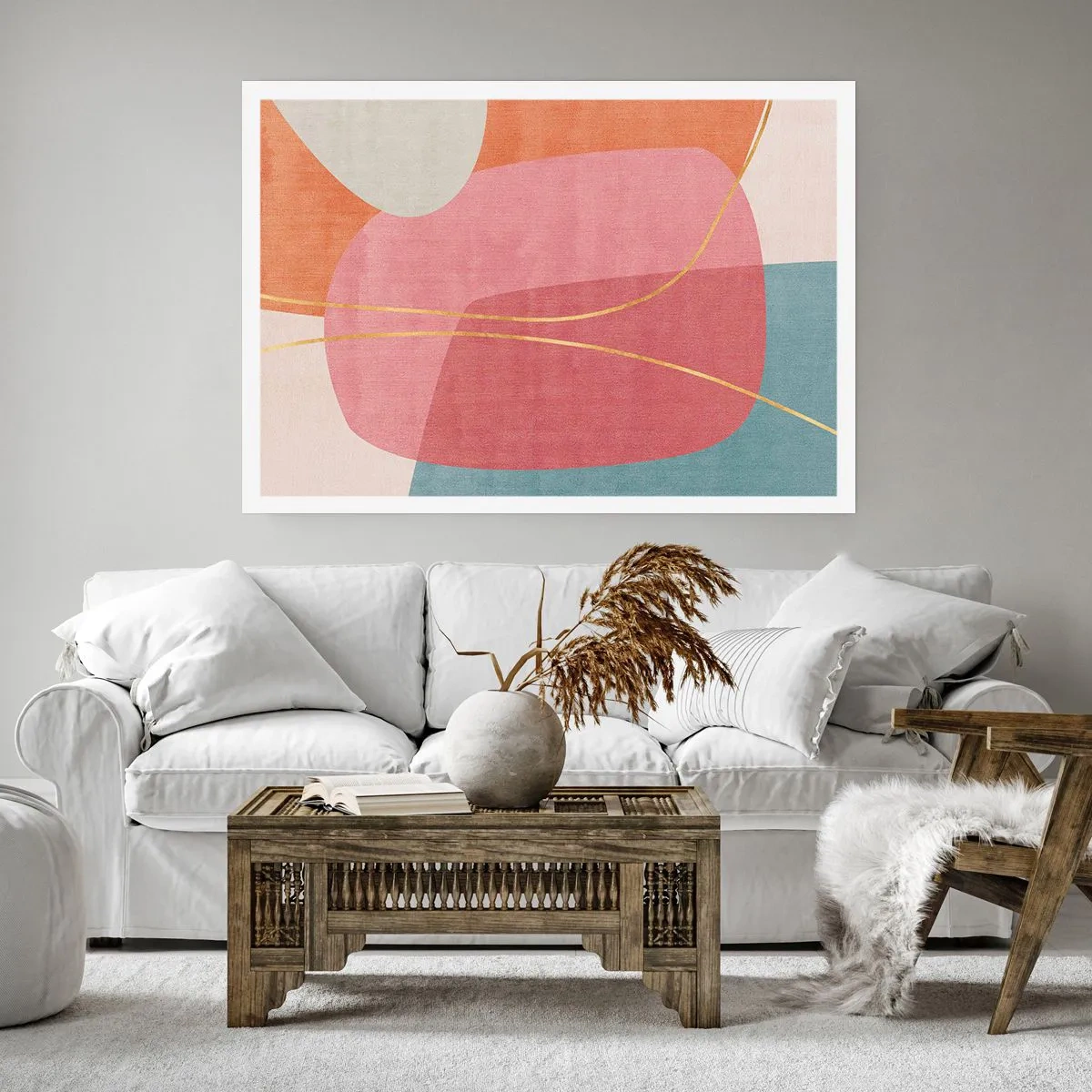 Poster - Pastelkleurcompositie met gouddraad - 40x30 cm