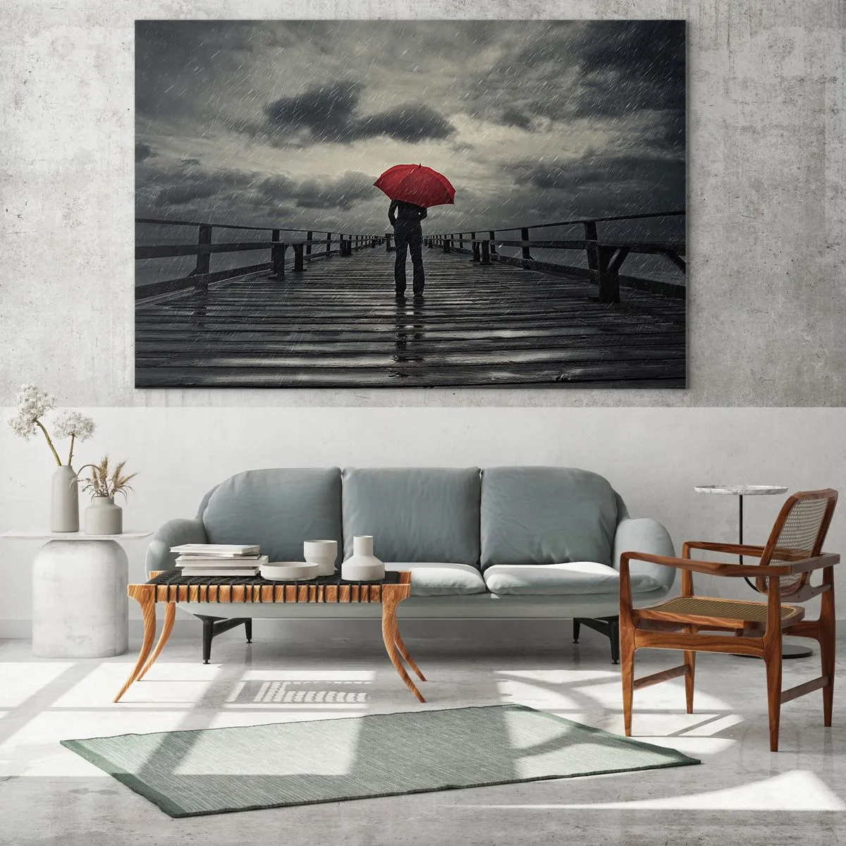 Schilderen op glas - Een man met een rode paraplu op een houten pier in de regen. - 70x50cm - Het maakt niet uit dat het regent - Moderne wanddecoratie voor woonkamer en slaapkamer ARTTOR