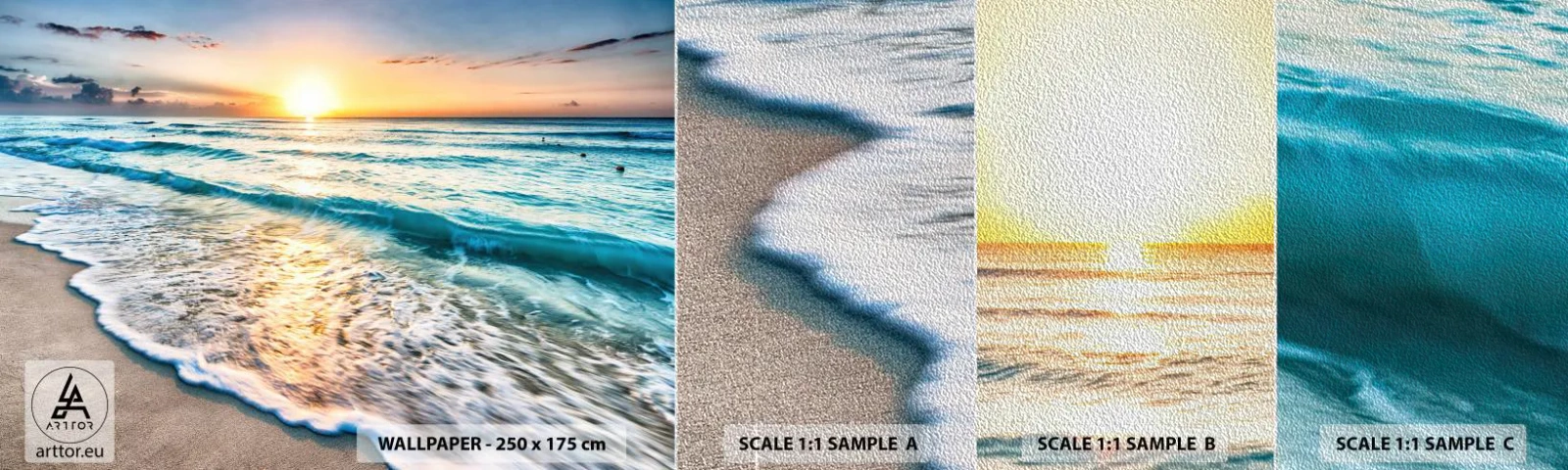 Fotobehang Monster Premium Sand - Een uitzicht dat de moeite waard is - Landschap, Strand, Zonsondergang - 100x30 cm