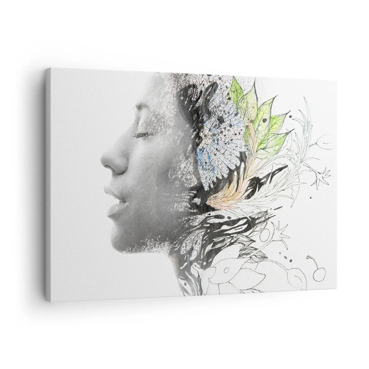 Schilderen op canvas - Profiel van een vrouw in een artistieke collage van natuur en zwartheid - 70x50cm - Ondergedompeld in de natuur - Moderne wanddecoratie voor woonkamer en slaapkamer ARTTOR