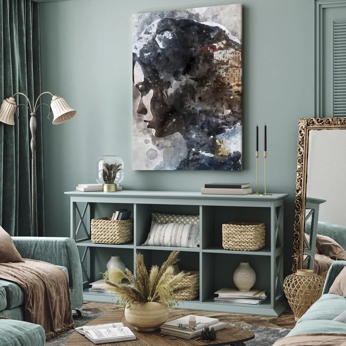 Schilderen op canvas - Een verhaal over een meisje met een stad op de achtergrond - 80x120 cm