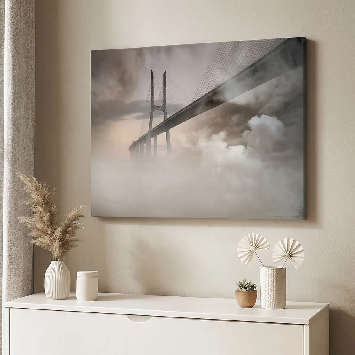 Schilderen op canvas - Een brug over een rivier omgeven door mist in de ochtend - 70x50cm - Bij de rivier die niet bestaat - Moderne wanddecoratie voor woonkamer en slaapkamer ARTTOR