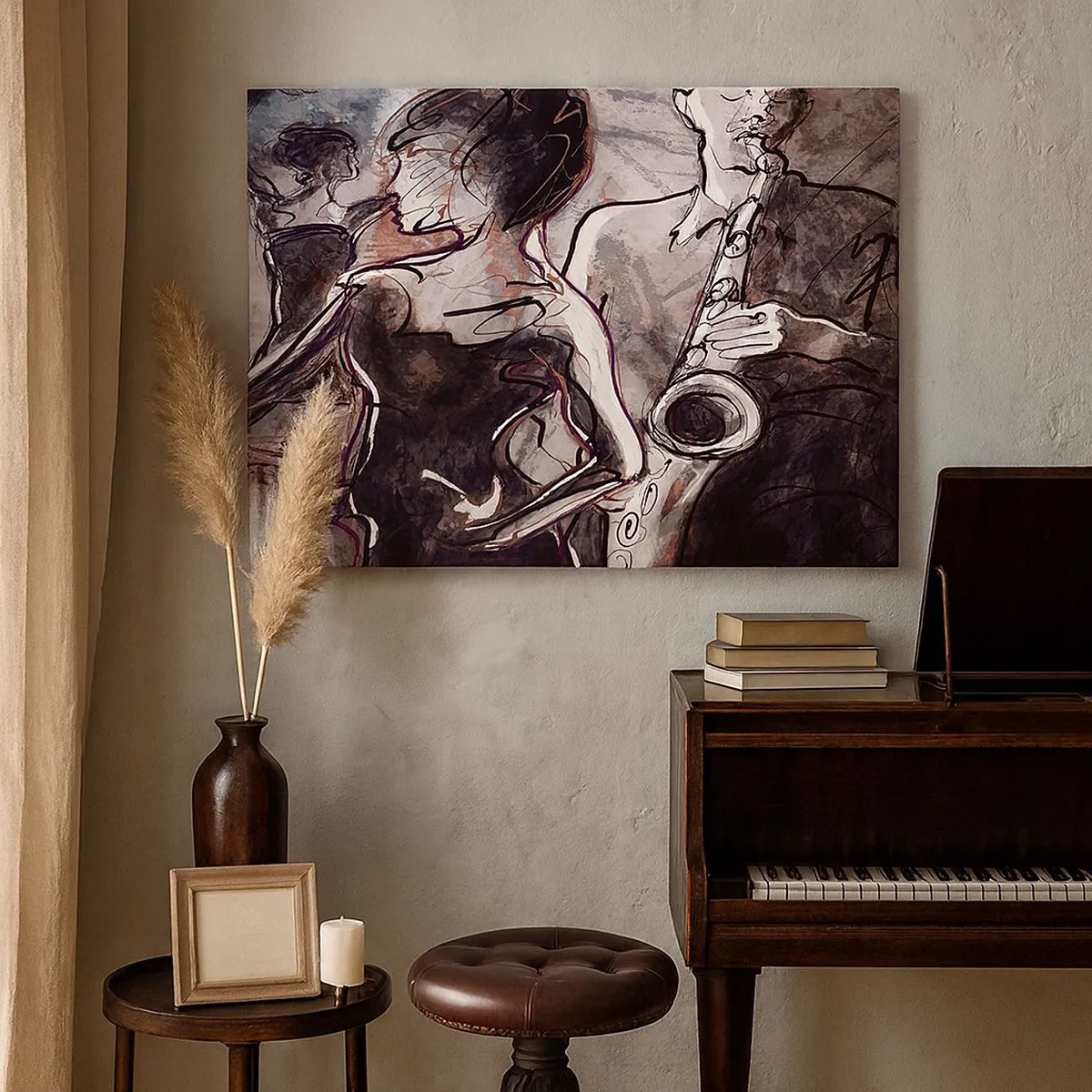 Schilderen op canvas - Abstracte jazzscène met een saxofonist en een dansende vrouw. - 70x50cm - Los op in de muziek - Moderne wanddecoratie voor woonkamer en slaapkamer ARTTOR
