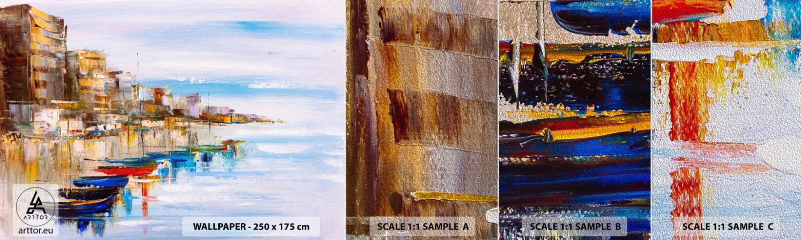 Fotobehang Monster Premium Sand - Een veelkleurig stedelijk toevluchtsoord - Landschap, Haven, Kust - 100x30 cm