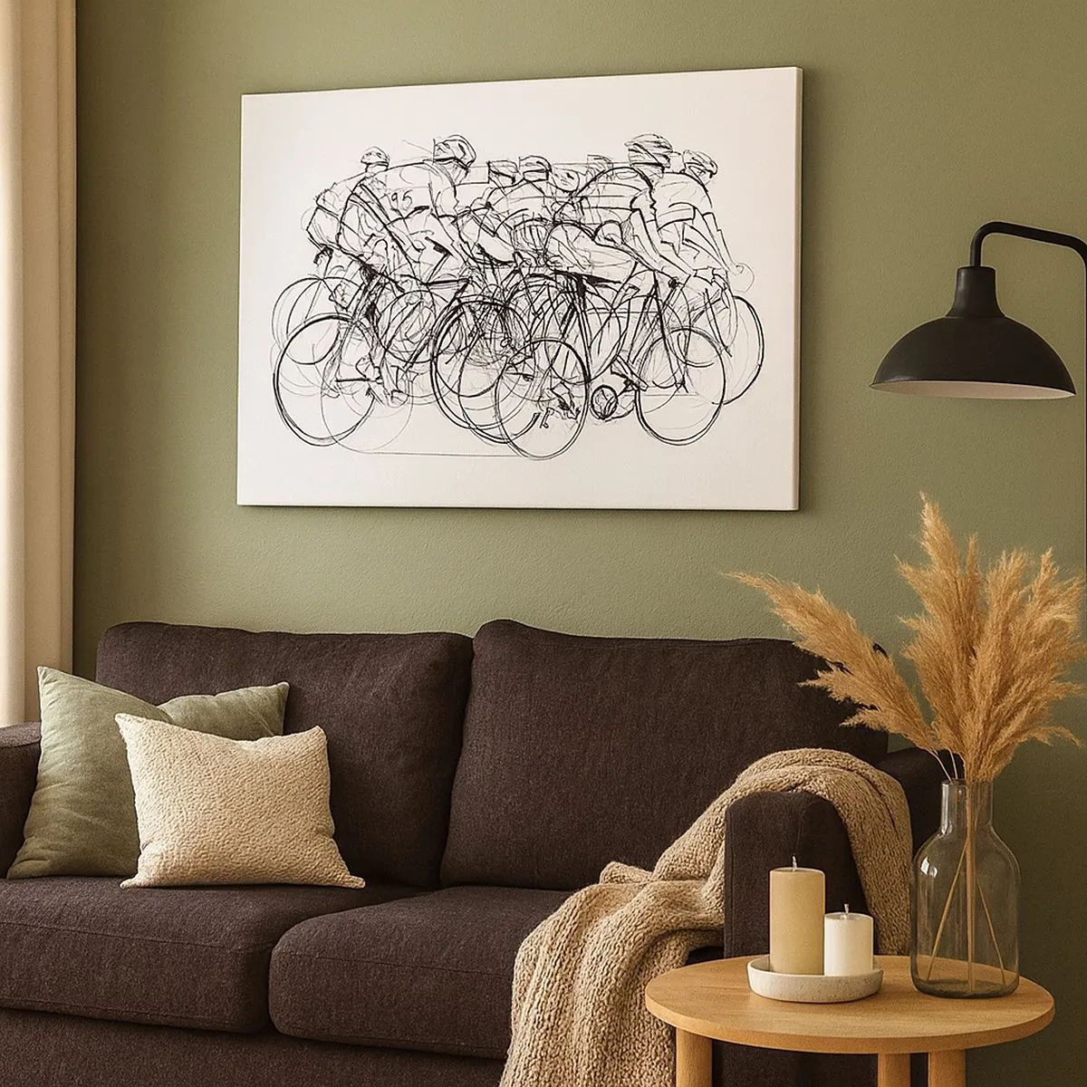 Schilderen op canvas - Een groep fietsers in beweging in minimalistische stijl - 70x50cm - Samen als team - Moderne wanddecoratie voor woonkamer en slaapkamer ARTTOR