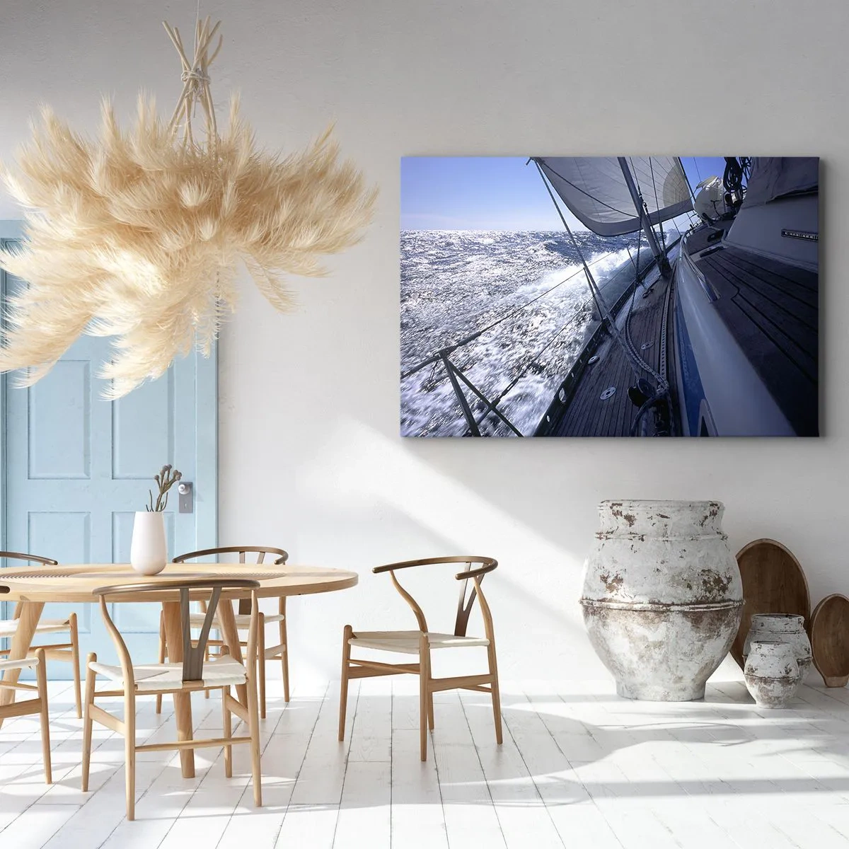 Schilderen op canvas - Een zeilboot op een stormachtige zee met witte zeilen en een houten dek. - 70x50cm - Ik weet wat het is om een