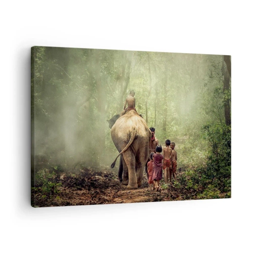 Schilderen op canvas - Kinderen met een olifant in een groen bos in het ochtendlicht - 70x50cm - Nieuw Jungle Boek - Moderne wanddecoratie voor woonkamer en slaapkamer ARTTOR