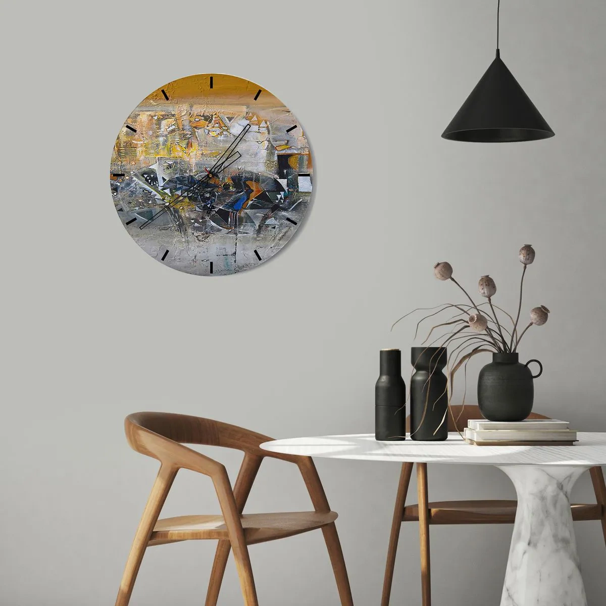 Wandklok - Klok - Abstracte collage in tinten geel en grijs - 30x30cm - Alles komt goed - Moderne wanddecoratie voor woonkamer, keuken en slaapkamer ARTTOR