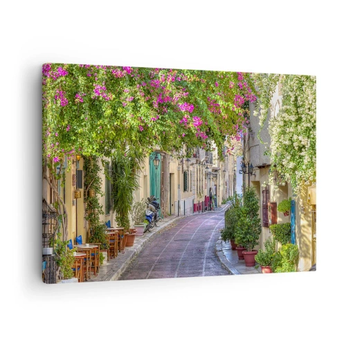 Schilderen op canvas - Een charmante straat met bloeiende wijnranken en cafétafels - 70x50cm - Bloeiende steeg - Moderne wanddecoratie voor woonkamer en slaapkamer ARTTOR