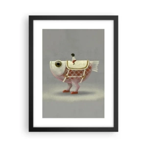 Poster in een zwarte lijst - Ruiter op een surrealistische vis - 30x40 cm