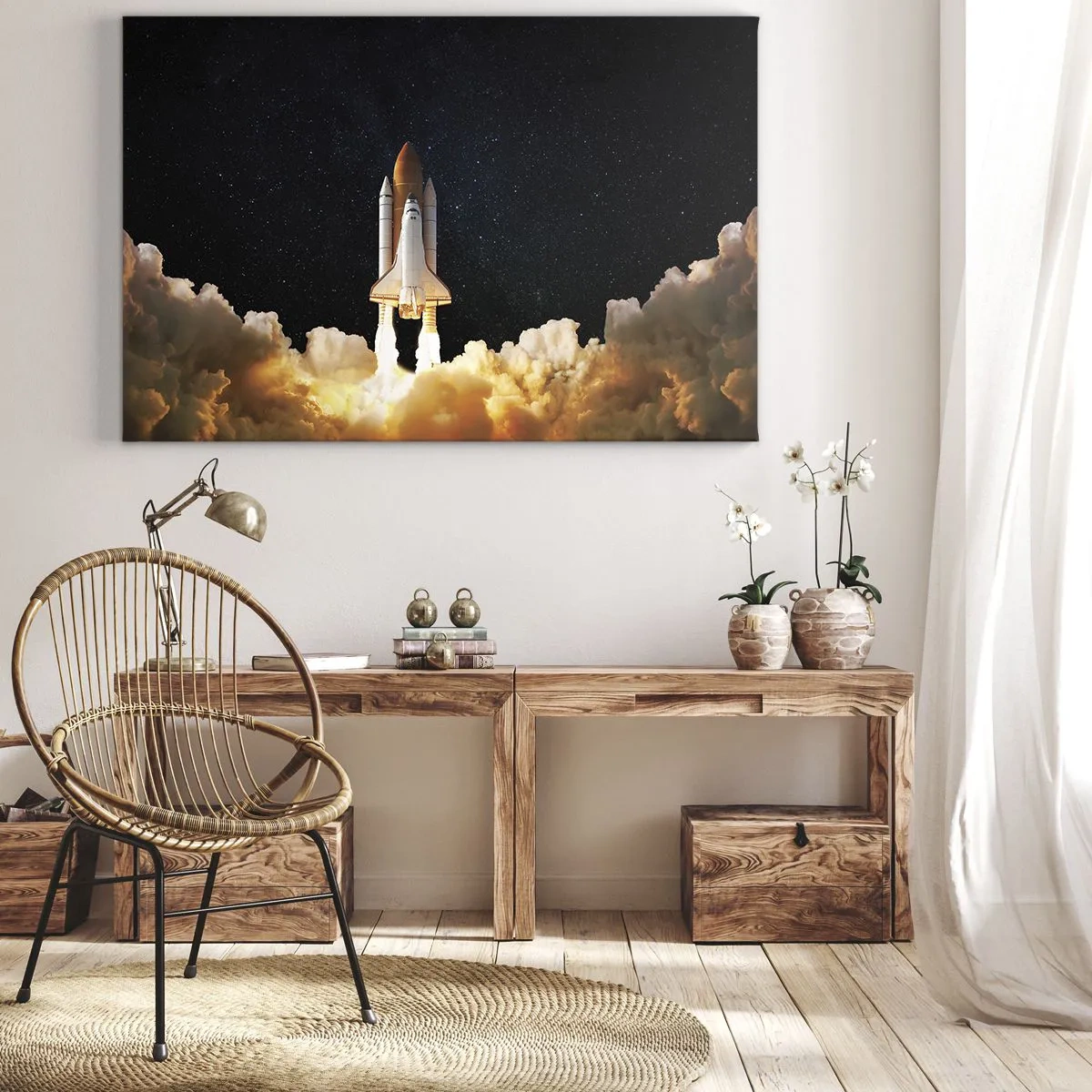 Schilderen op canvas - Een ruimteraket die opstijgt tegen de sterrenhemel - 70x50cm - Advertentie astra! - Moderne wanddecoratie voor woonkamer en slaapkamer ARTTOR