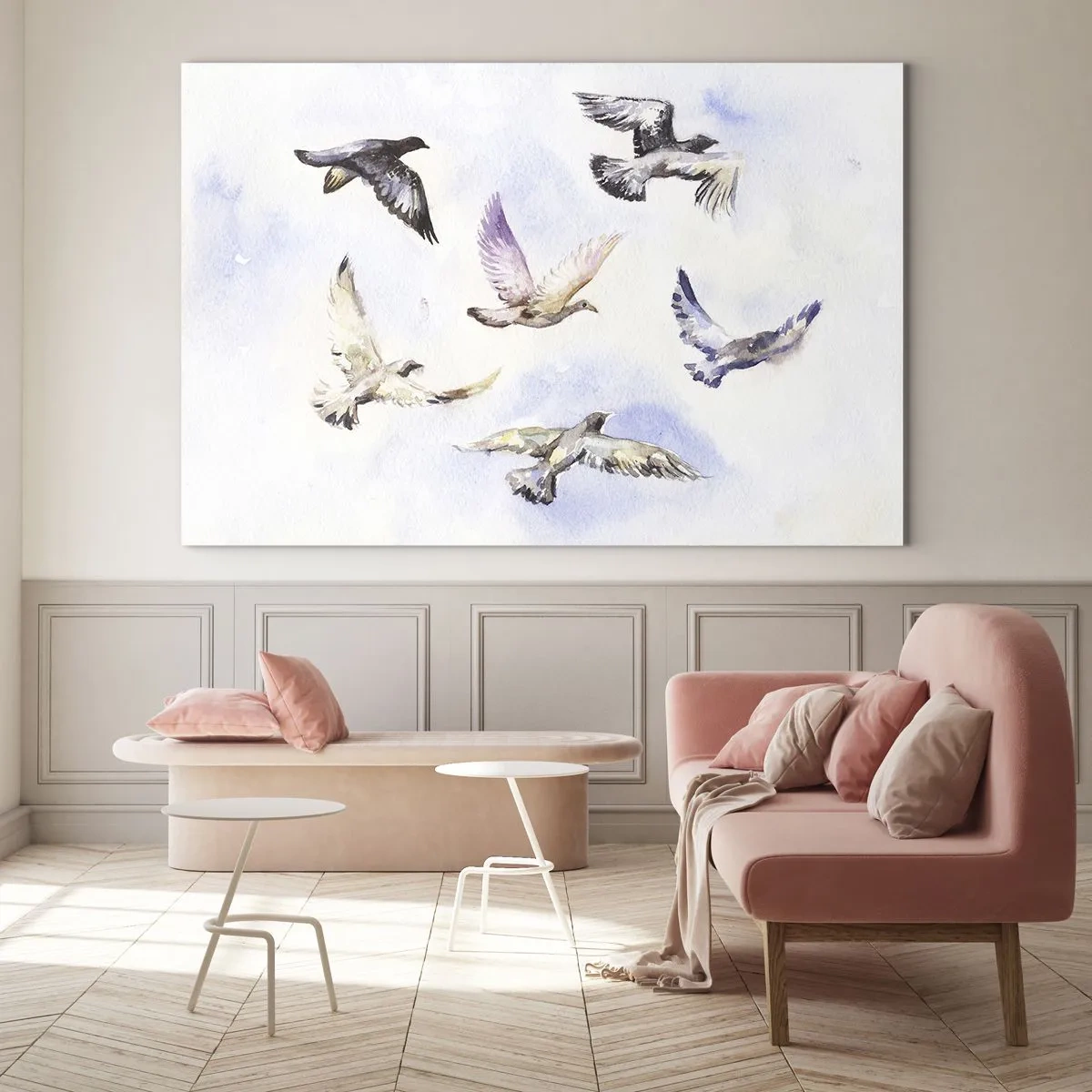 Schilderen op glas - Vogels in vlucht tegen een heldere hemel - 70x50cm - Vrijheid in grijs en blauw - Moderne wanddecoratie voor woonkamer en slaapkamer ARTTOR