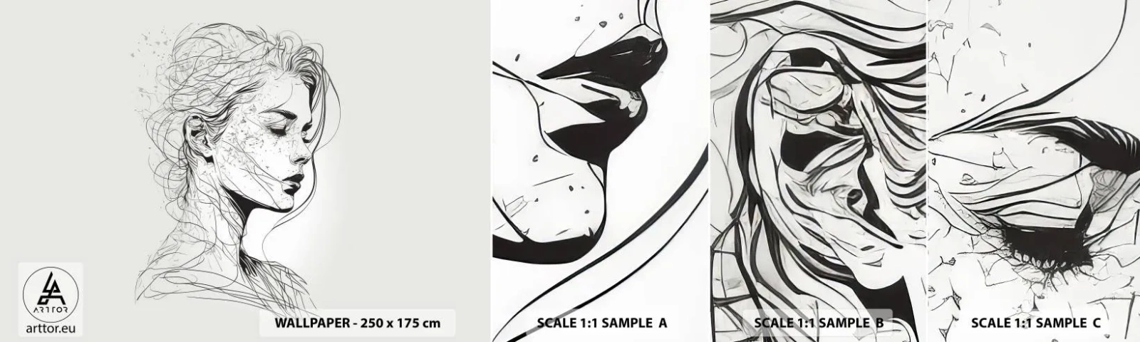 Fotobehang Monster Zelfklevend Deluxe Sticker - Portret in gedachten - Vrouw, Portret, Lijn - 100x30 cm