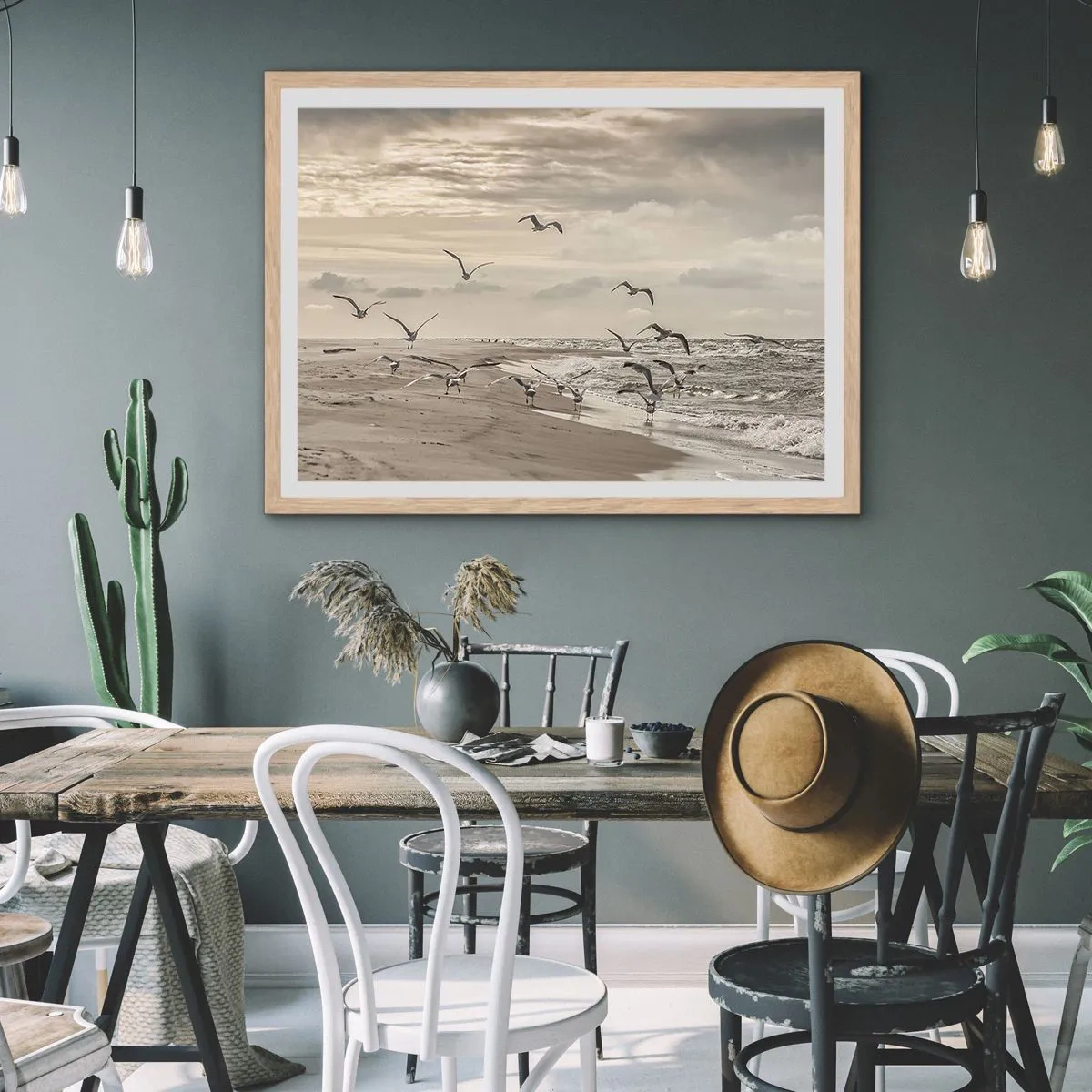 Een poster in een licht eiken lijst - Het geluid van de zee, het zingen van vogels - 40x30 cm