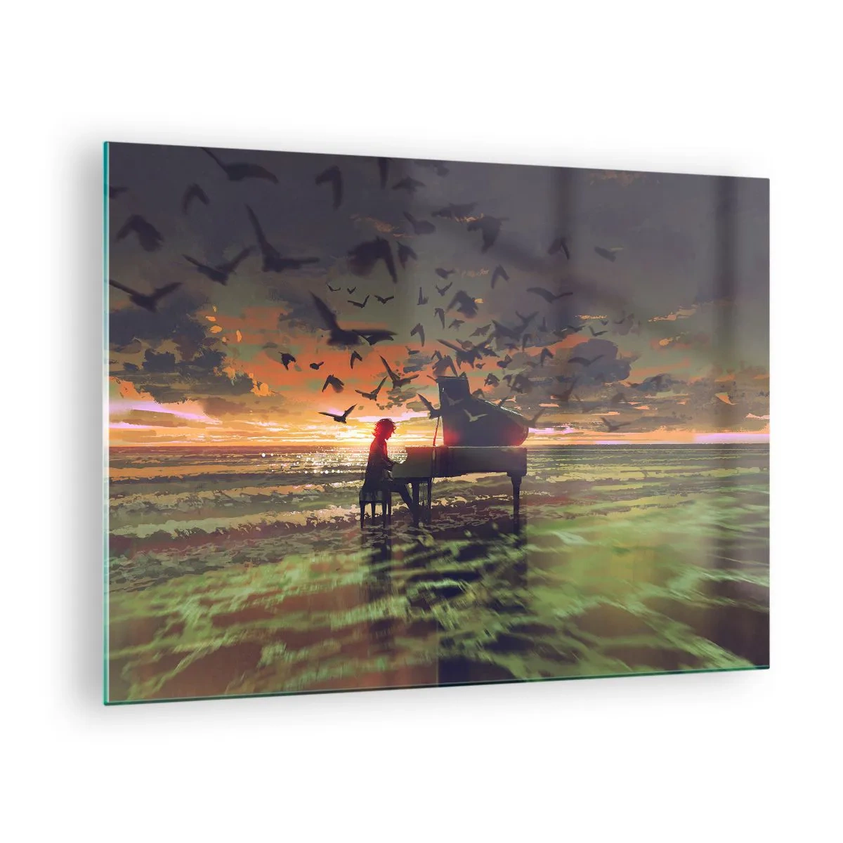 Schilderen op glas - Pianist speelt piano op het strand bij zonsondergang - 70x50cm - Concert voor piano en golven - Moderne wanddecoratie voor woonkamer en slaapkamer ARTTOR