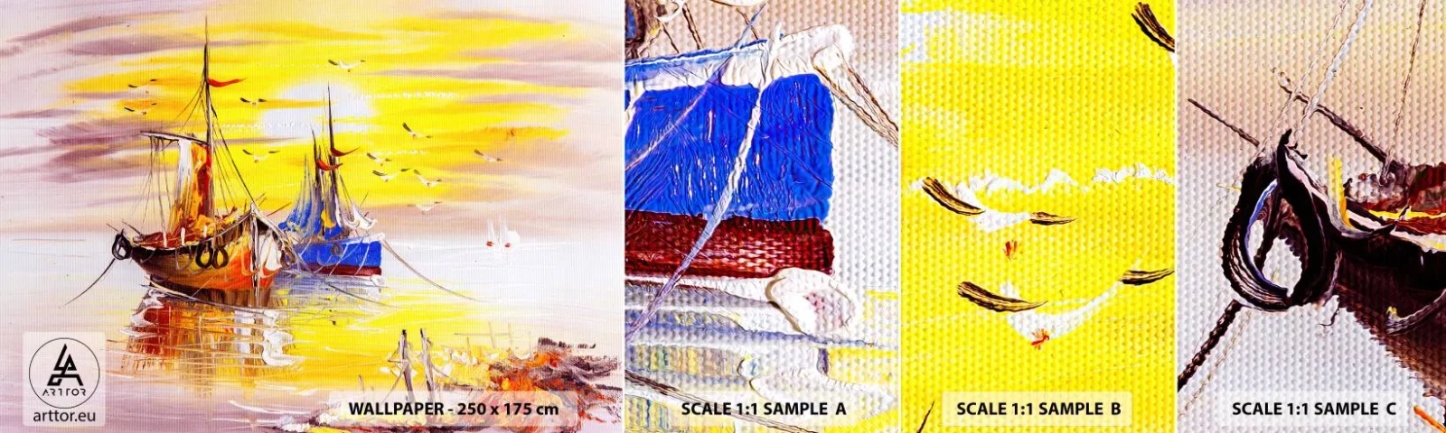 Fotobehang Staaltje Standard Eco - Een welverdiende rust in de haven - Vissersboot, Vissen, Vogels - 100x30 cm