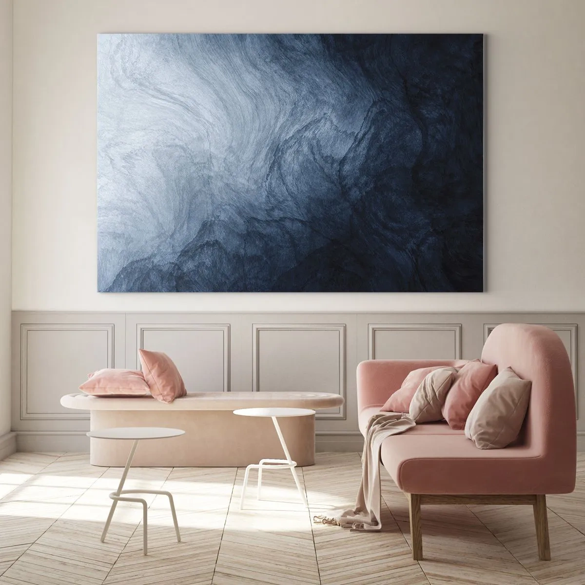 Schilderen op glas - Abstracte diepte in tinten marineblauw en grijs - 70x50cm - diep reiken - Moderne wanddecoratie voor woonkamer en slaapkamer ARTTOR