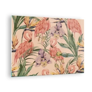 Schilderen op glas - Flamingo's omringd door tropische bloemen en planten - 70x50cm - Roze ballet in bloemen - Moderne wanddecoratie voor woonkamer en slaapkamer ARTTOR