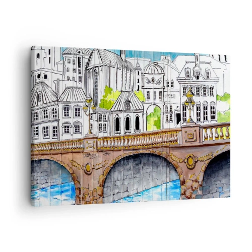 Schilderen op canvas - Tekening van de brug en historische stedelijke architectuur - 70x50cm - De stad als geschilderd - Moderne wanddecoratie voor woonkamer en slaapkamer ARTTOR