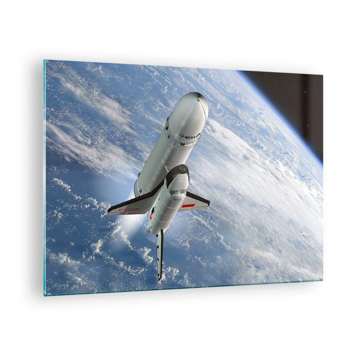 Schilderen op glas - Een spaceshuttle stijgt op in de ruimte met de aarde op de achtergrond. - 70x50cm - Kosmische Hemelvaart - Moderne wanddecoratie voor woonkamer en slaapkamer ARTTOR