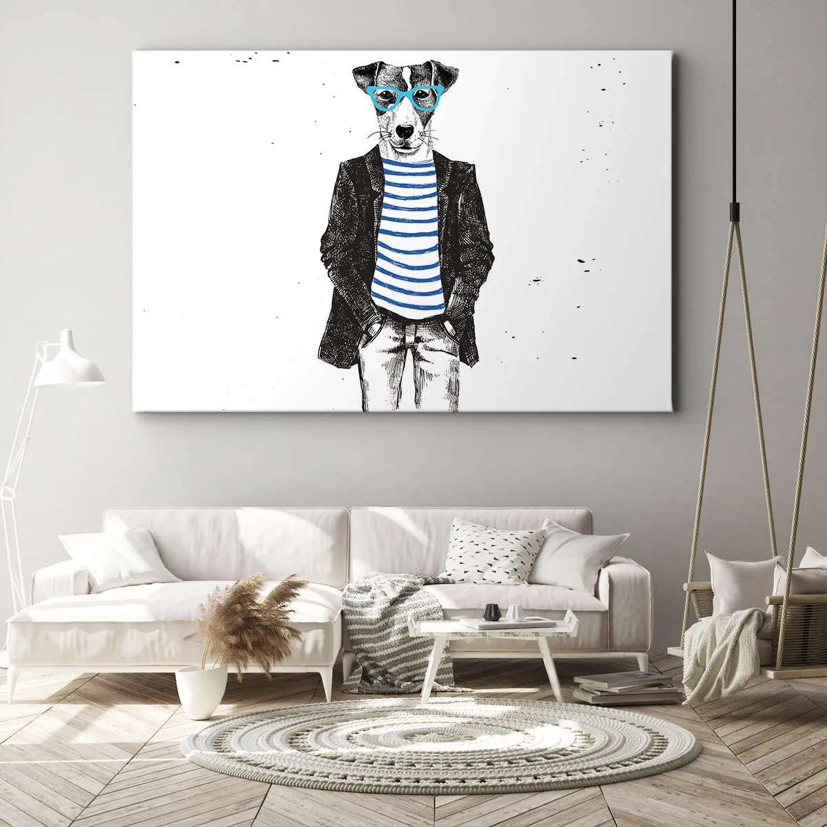 Schilderen op canvas - Portret van een hond met een bril en een matrozenhemd in een humoristische stijl - 70x50cm - God behoed! - Moderne wanddecoratie voor woonkamer en slaapkamer ARTTOR