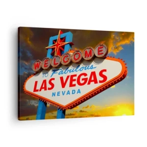 Schilderen op canvas - Het beroemde Welcome to Fabulous Las Vegas-bord bij zonsondergang - 70x50cm - Voor een glimlach van het lot - Moderne wanddecoratie voor woonkamer en slaapkamer ARTTOR