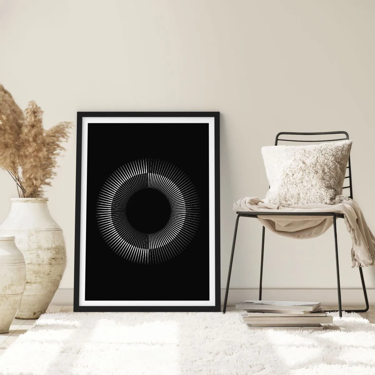 Poster in een zwarte lijst - Een betoverende compositie van een lichtgevende cirkel op een zwarte achtergrond. - 50x70cm - Zwarte zon - Moderne wanddecoratie voor woonkamer en slaapkamer ARTTOR