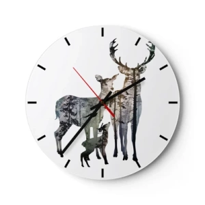 Wandklok - Klok - Silhouetten van herten in het bos tegen de achtergrond van een wit schild - 30x30cm - Familiefotografie - Moderne wanddecoratie voor woonkamer, keuken en slaapkamer ARTTOR