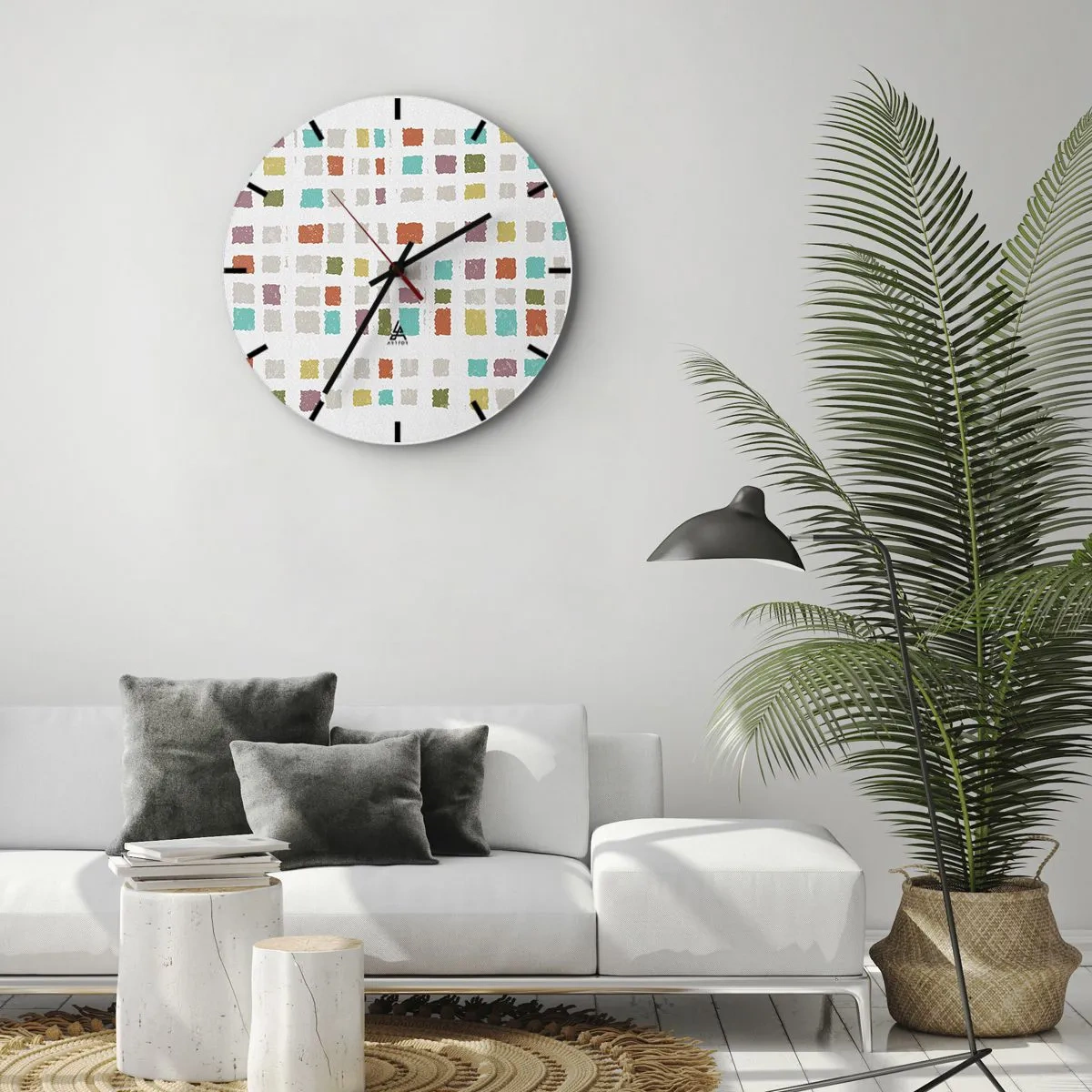 Wandklok - Klok - Kleurrijke vierkanten op een witte achtergrond in een abstracte stijl - 30x30cm - Onbekend spel - Moderne wanddecoratie voor woonkamer, keuken en slaapkamer ARTTOR