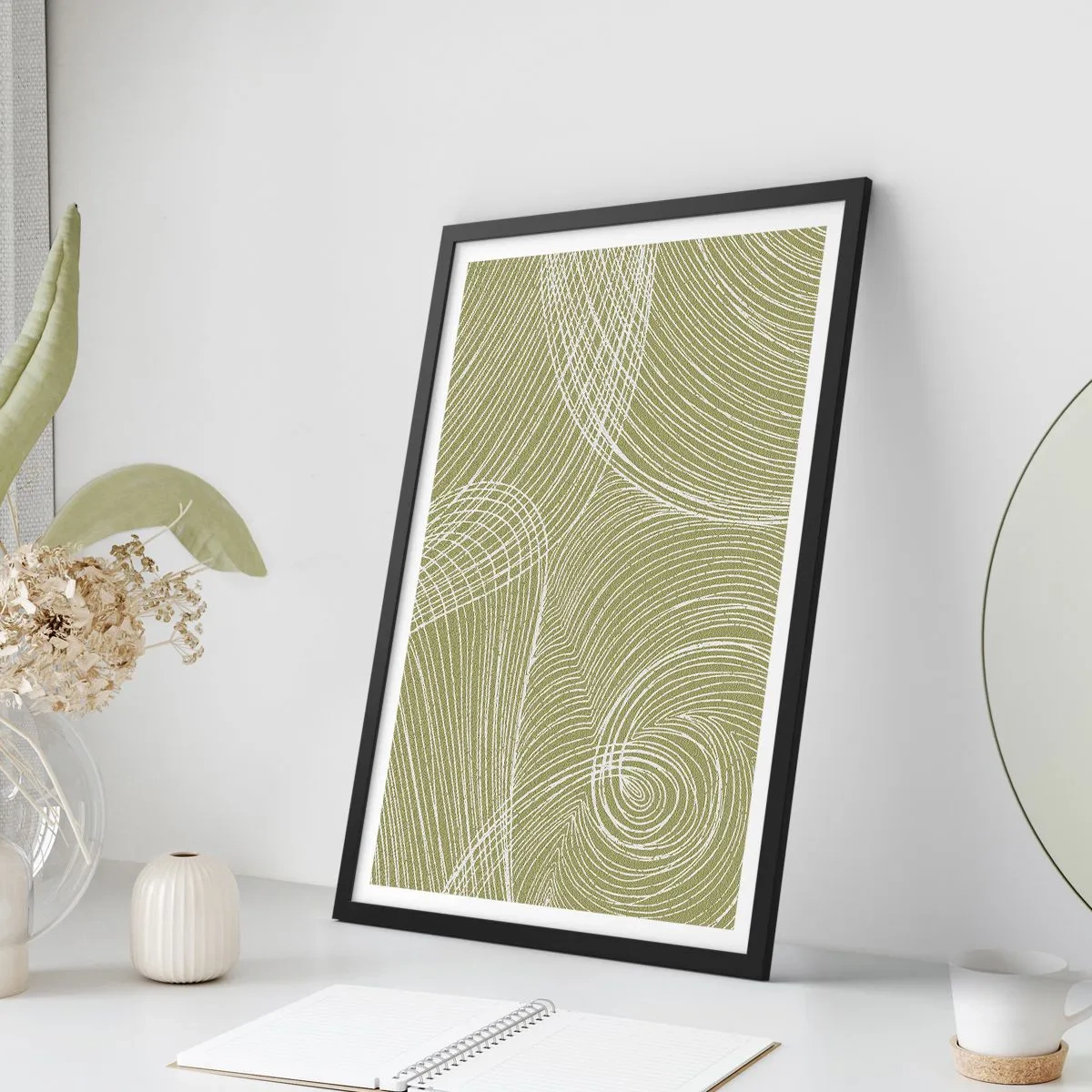 Poster in een zwarte lijst - Een abstracte compositie in groentinten met dynamische lijnen. - 50x70cm - Ingewikkelde abstractie in wit - Moderne wanddecoratie voor woonkamer en slaapkamer ARTTOR