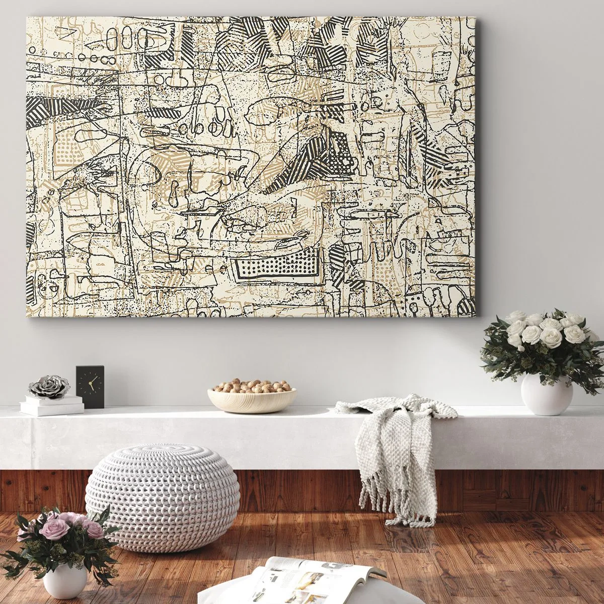 Schilderen op canvas - Abstracte patronen en lijnen op een beige achtergrond - 70x50cm - Het wacht om te worden gedecodeerd - Moderne wanddecoratie voor woonkamer en slaapkamer ARTTOR