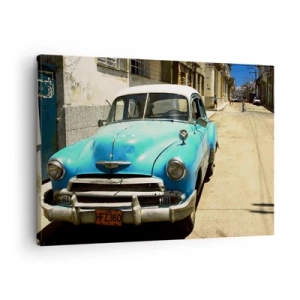 Schilderen op canvas - Een blauwe klassieke auto op straat op een zonnige dag - 70x50cm - Evviva Cuba! - Moderne wanddecoratie voor woonkamer en slaapkamer ARTTOR