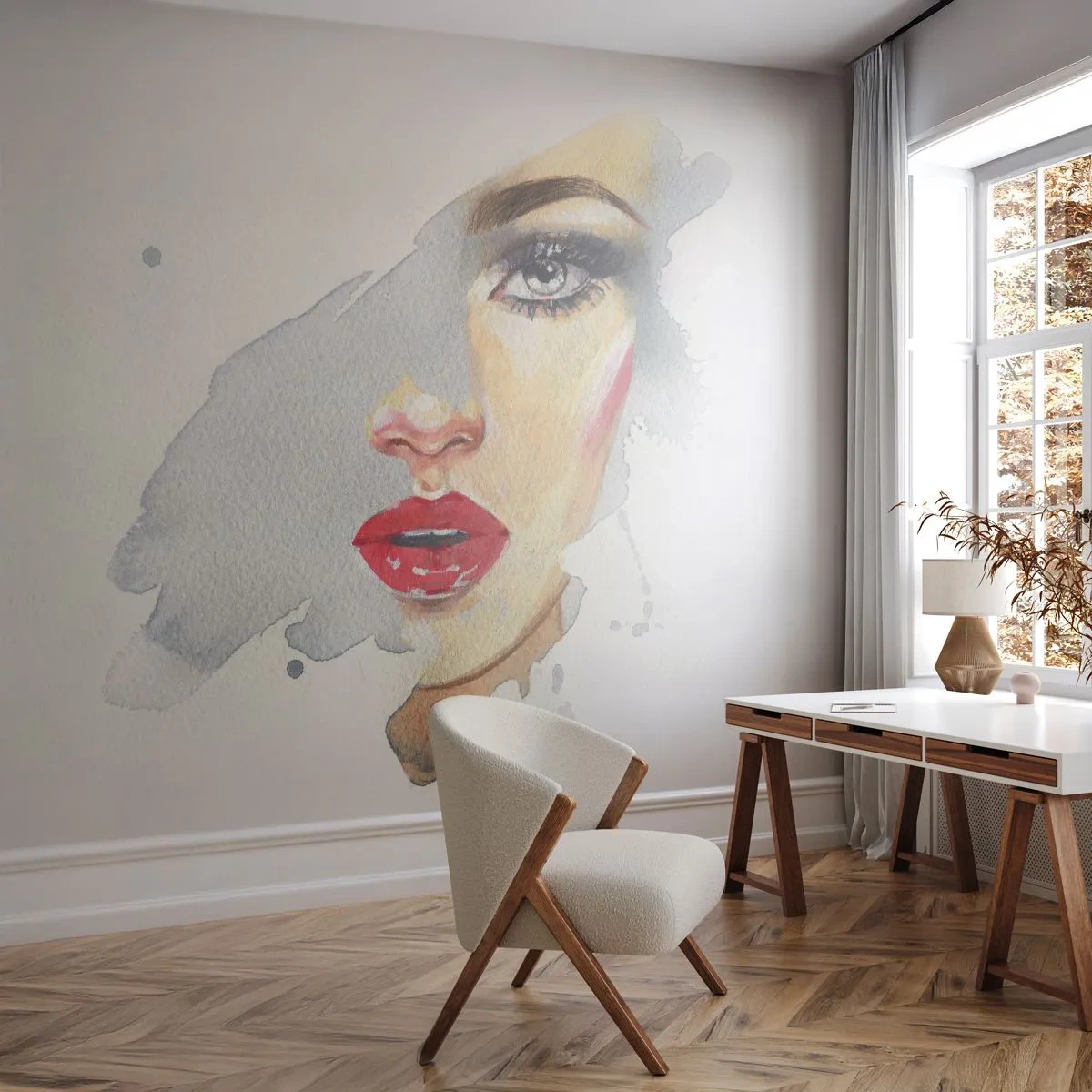 Zelfklevend Fotobehang Deluxe Sticker - Weerspiegeld in een druppel water - Het gezicht van de vrouw, Vrouw, rode lippen - 250x175 cm