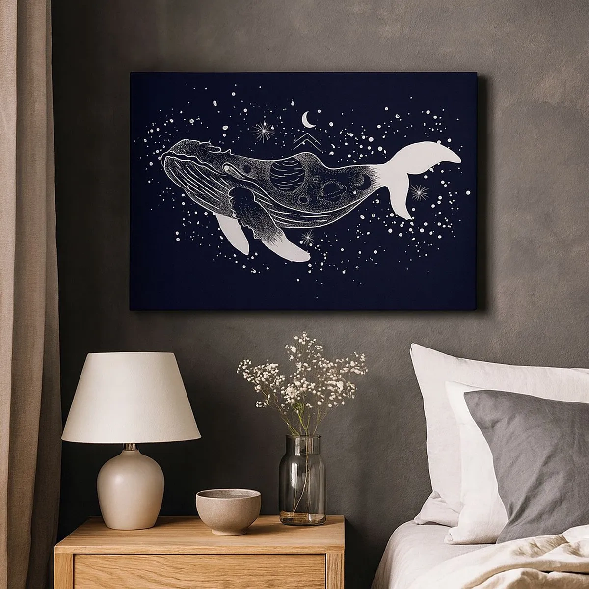 Schilderen op canvas - Een grafische illustratie van een walvis in ruimtetijdperkstijl. - 70x50cm - In de oceaan van het universum - Moderne wanddecoratie voor woonkamer en slaapkamer ARTTOR