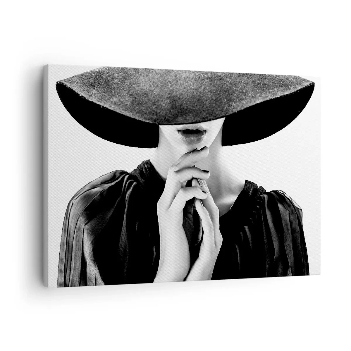 Schilderen op canvas - Stijlvolle vrouw met een grote hoed in tinten zwart en wit - 70x50cm - Verborgen schoonheid - Moderne wanddecoratie voor woonkamer en slaapkamer ARTTOR