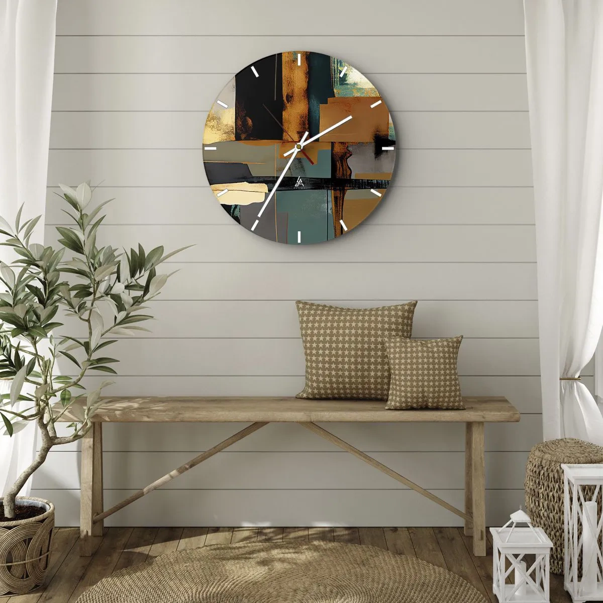 Wandklok - Klok - Moderne abstractie met contrast van goud, zwart en blauw - 30x30cm - Abstractie – licht en schaduw - Moderne wanddecoratie voor woonkamer, keuken en slaapkamer ARTTOR