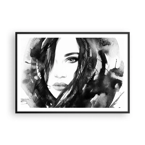 Poster in een zwarte lijst - Portret van een dame in zwart en wit - 100x70 cm