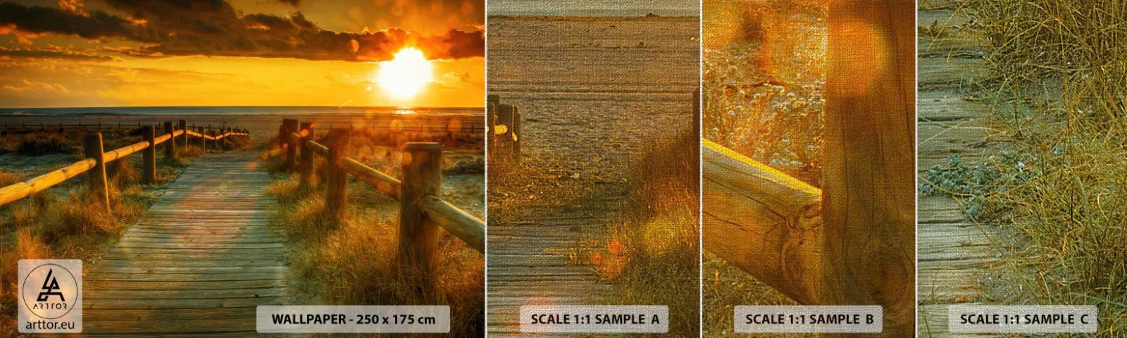 Fotobehang Monster Premium Canvas - Badend in oud goud - Landschap, Zee, Afdaling naar het strand - 100x30 cm