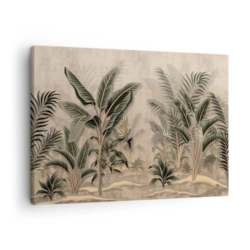 Schilderen op canvas - Palmbomen en tropische vegetatie in tinten groen op een beige achtergrond - 70x50cm - Een gravure in koloniale stijl - Moderne wanddecoratie voor woonkamer en slaapkamer ARTTOR
