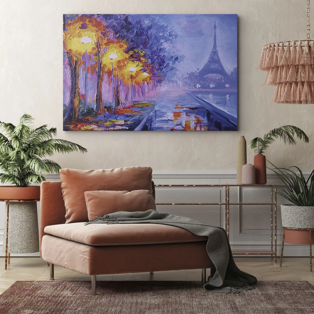 Schilderen op canvas - Een laan met lampen in Parijs met de Eiffeltoren op de achtergrond - 70x50cm - Een droomwandeling - Moderne wanddecoratie voor woonkamer en slaapkamer ARTTOR