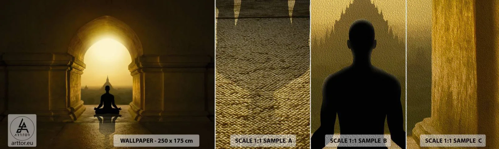 Fotobehang Monster Premium Sand - Volledige harmonie - Meditatie, tempel, Boeddha - 100x30 cm