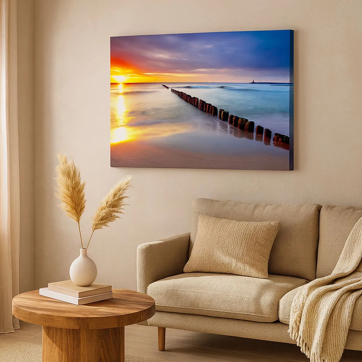 Schilderen op canvas - Zonsondergang boven de zee met een golfbreker op de voorgrond - 70x50cm - Luister naar de stilte - Moderne wanddecoratie voor woonkamer en slaapkamer ARTTOR