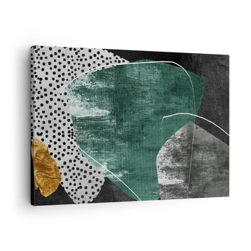 Schilderen op canvas - Abstracte compositie met groene vormen en stippenpatronen - 70x50cm - Kleurrijke abstractie met bladgoud - Moderne wanddecoratie voor woonkamer en slaapkamer ARTTOR