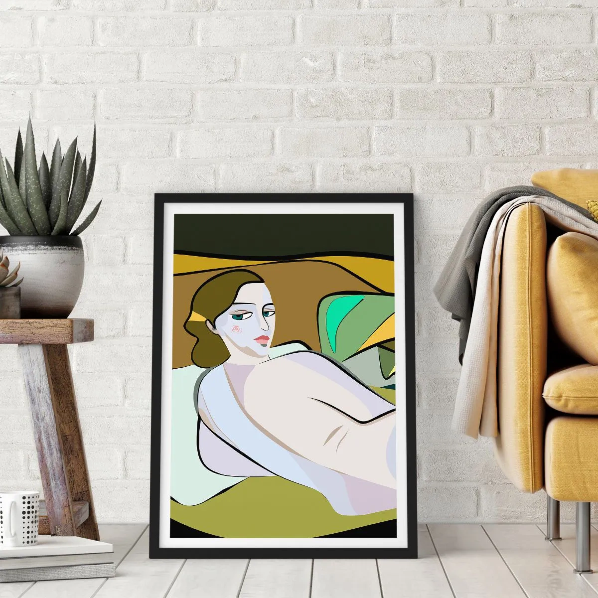 Poster in een zwarte lijst - Een vrouw in een abstracte stijl tegen een groene en bruine achtergrond - 50x70cm - Intiem portret - Moderne wanddecoratie voor woonkamer en slaapkamer ARTTOR