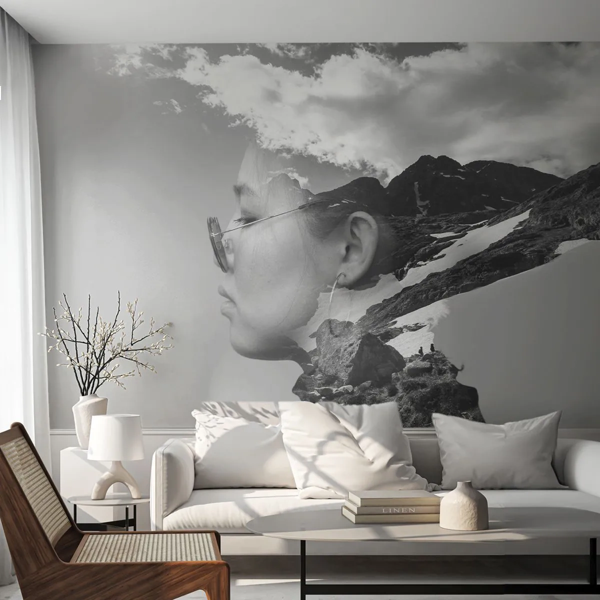 Fotobehang Premium Canvas - Top en bewolkt portret - Abstractie, Hoofd van de vrouw, Fantasie - 100x70 cm