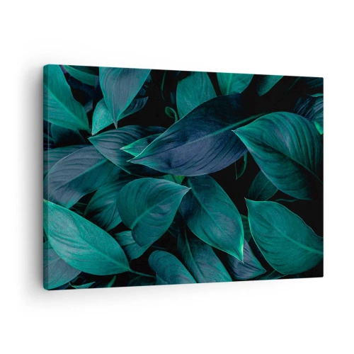 Schilderen op canvas - Close-up van groene bladeren met een donkere achtergrond - 70x50cm - Groen op zichzelf - Moderne wanddecoratie voor woonkamer en slaapkamer ARTTOR