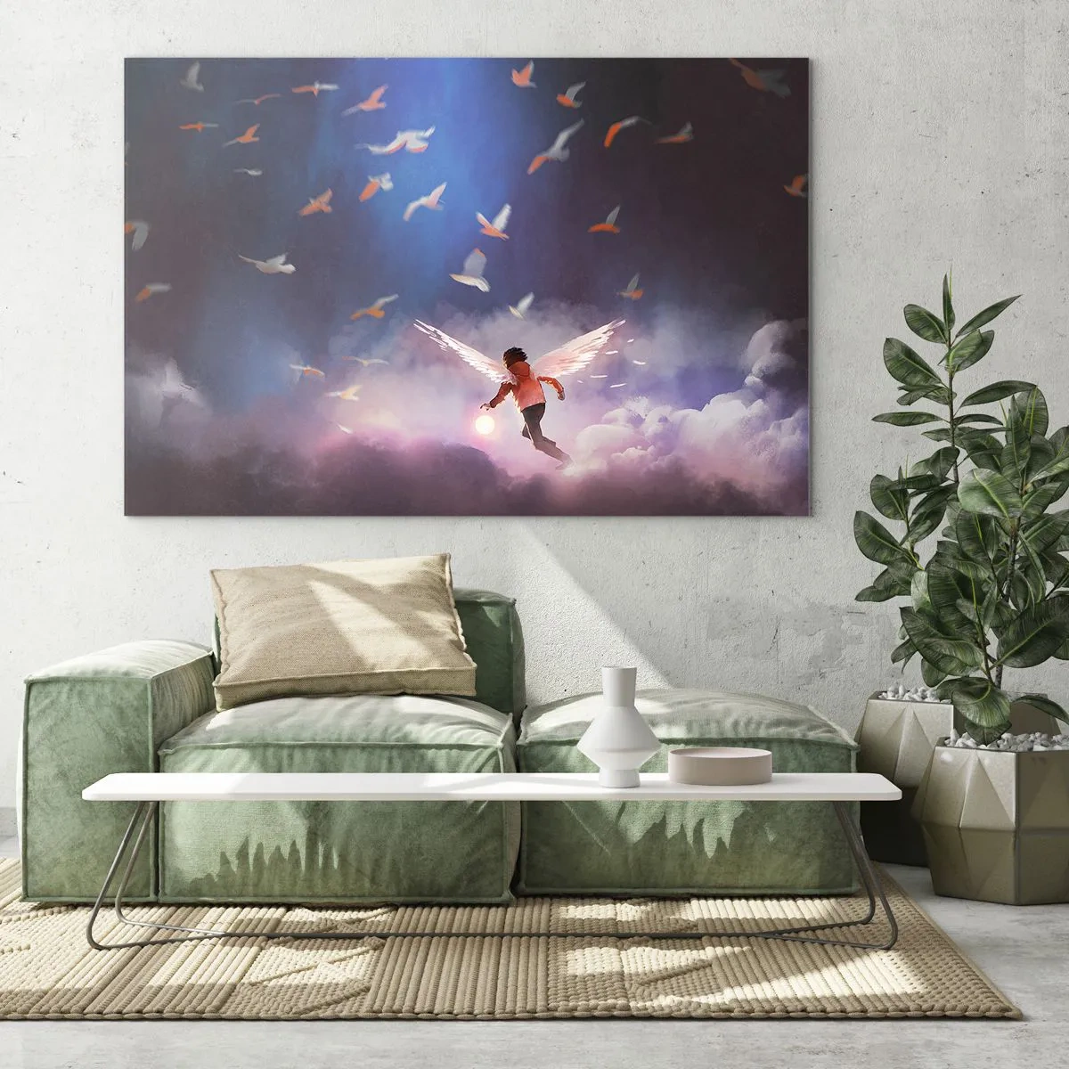 Schilderen op glas - Een figuur met engelenvleugels die tussen de wolken zweeft - 70x50cm - Je hebt verbeeldingskracht en moed nodig - Moderne wanddecoratie voor woonkamer en slaapkamer ARTTOR