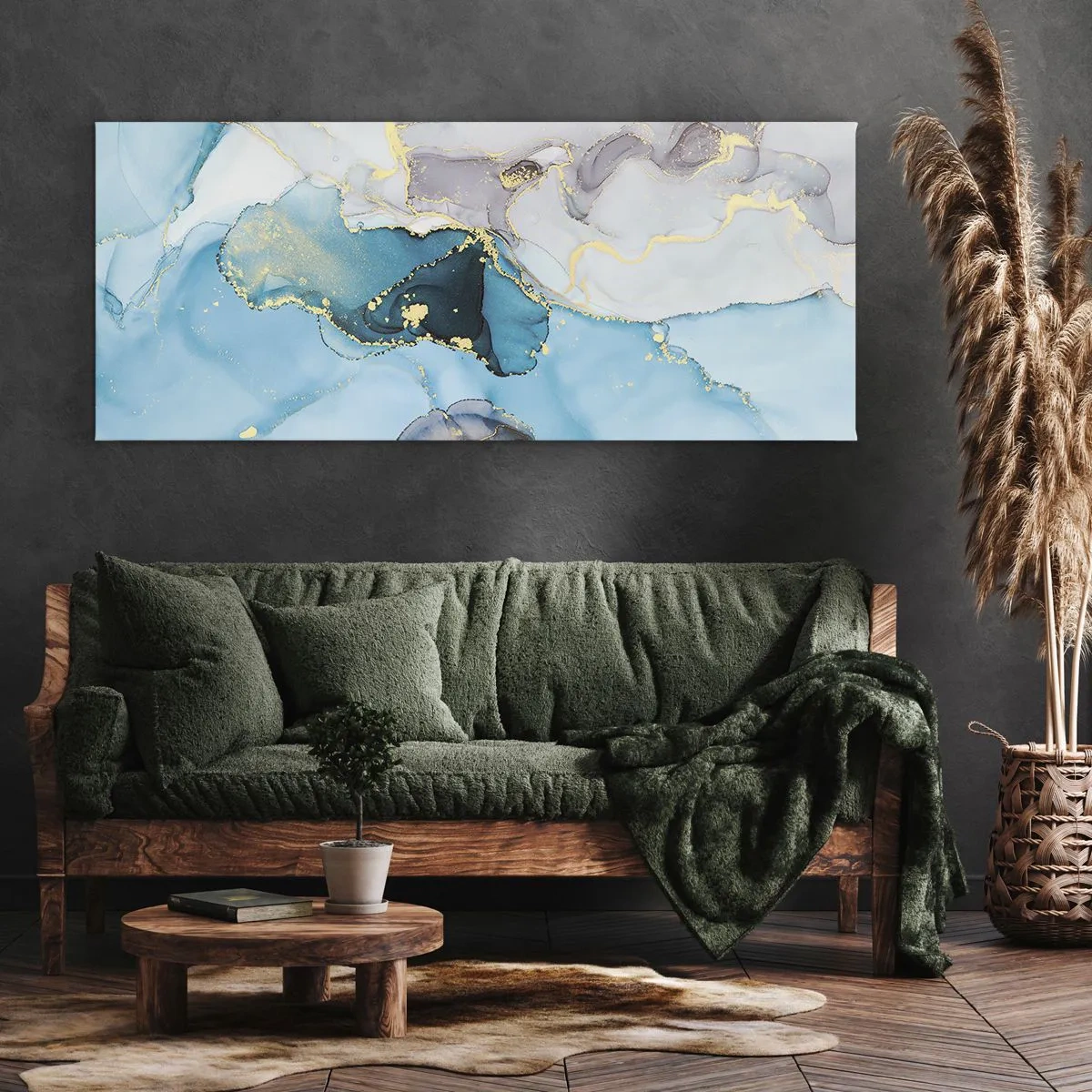 Schilderen op canvas - Een studie van de ontmoeting van grijs en turkoois - 100x40 cm